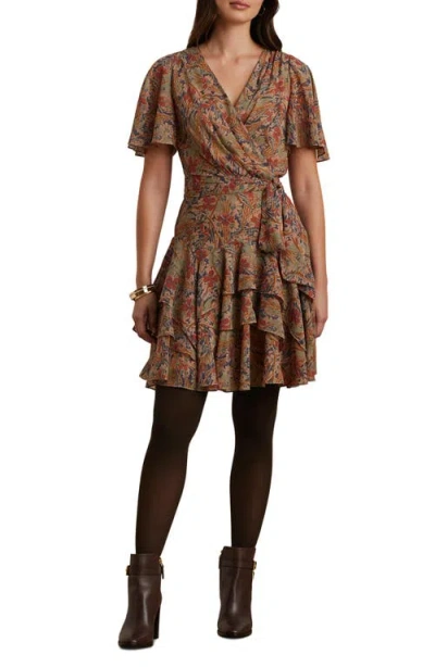 Lauren Ralph Lauren Kareesa Crinkle Ruffle Faux Wrap Minidress In Brown Multi