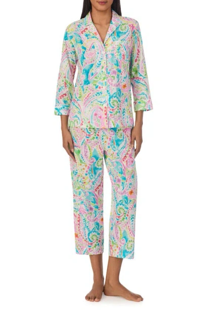 Lauren Ralph Lauren Knit Cotton Crop Pajamas In White Multi Paisley