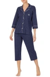 Ralph Lauren Lauren  Knit Crop Cotton Pajamas In Blue/white