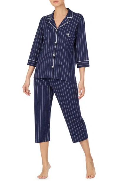 Ralph Lauren Lauren  Knit Crop Cotton Pajamas In Blue/white