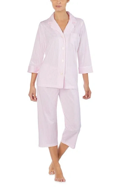 Ralph Lauren Lauren  Knit Crop Cotton Pajamas In Pink White Stripe
