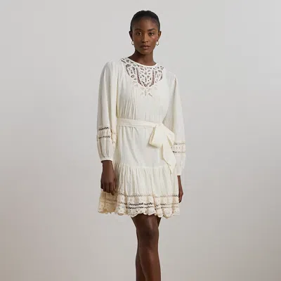Ralph Lauren Lace-trim Belted Cotton Voile Dress In Winter Cream