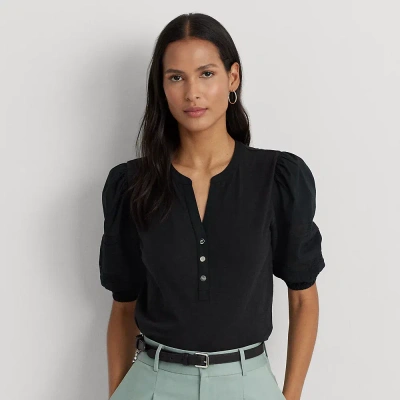 Ralph Lauren Lace-trim Jersey Puff-sleeve Henley Tee In Black