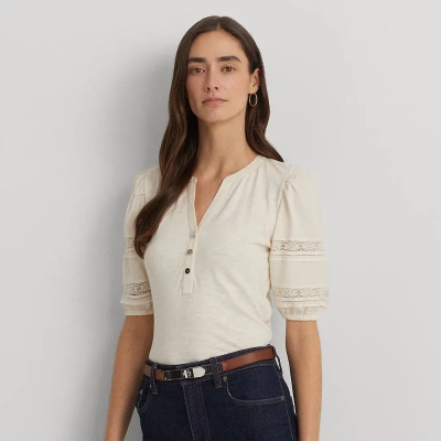 Ralph Lauren Lace-trim Jersey Puff-sleeve Henley Tee In Mascarpone Cream
