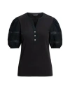 Ralph Lauren Lace-trim Jersey Puff-sleeve Henley Tee In Black