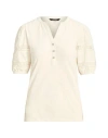 Lauren Ralph Lauren Lace-trim Jersey Puff-sleeve Henley Tee Woman T-shirt Cream Size M Cotton In White