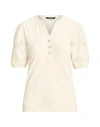 Ralph Lauren Lauren  Lace-trim Jersey Puff-sleeve Henley Tee Woman T-shirt Cream Size M Cotton In White
