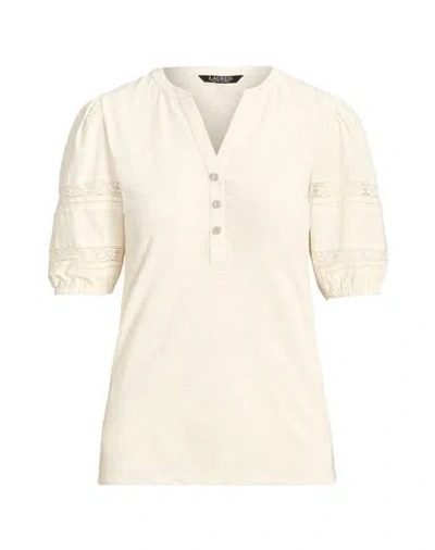 Ralph Lauren Lauren  Lace-trim Jersey Puff-sleeve Henley Tee Woman T-shirt Cream Size M Cotton In White