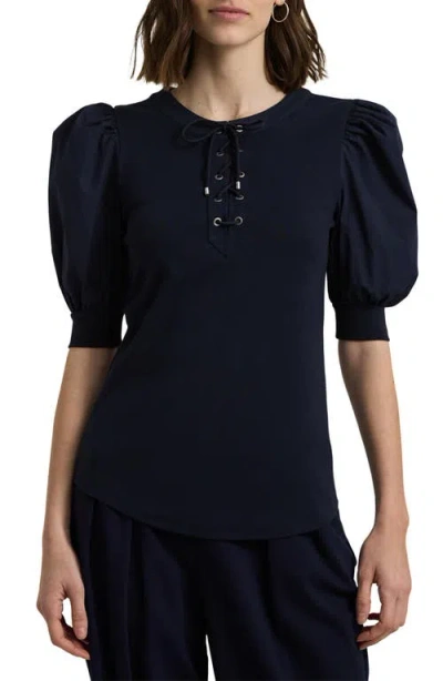 Ralph Lauren Lauren  Lace-up Stretch Cotton Puff Sleeve Top In Lauren Navy