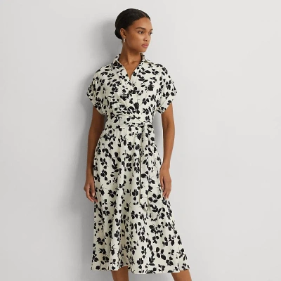 Lauren Ralph Lauren Leaf-print Belted Crepe Dress In Cream,black