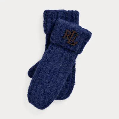 Ralph Lauren Leather-trim Rib-knit Wool-blend Mittens In Navy