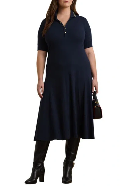Ralph Lauren Lauren  Lillianna Tipped Collar Polo Dress In Lauren Navy/relic Gold