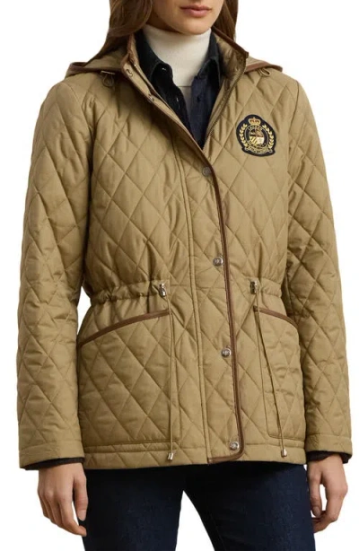 Ralph Lauren Lauren  Logo Patch Quilted Coat In Sand