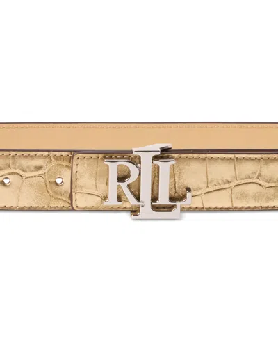 Ralph Lauren Logo Reversible Metallic Embossed Belt In Platinum,sand Dune