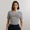 Ralph Lauren Women's Logo Striped Cotton-blend Jersey Tee In White/refined Navy