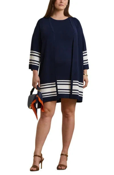 Ralph Lauren Lauren  Long Open Front Cardigan In Refined Navy/white
