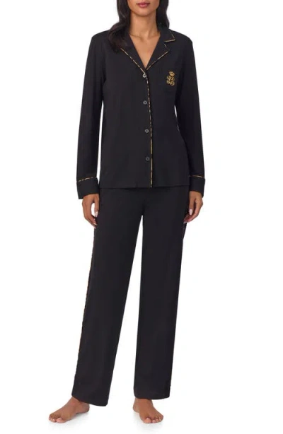 Ralph Lauren Lauren  Long Sleeve Pajamas In Black/leopard Trim