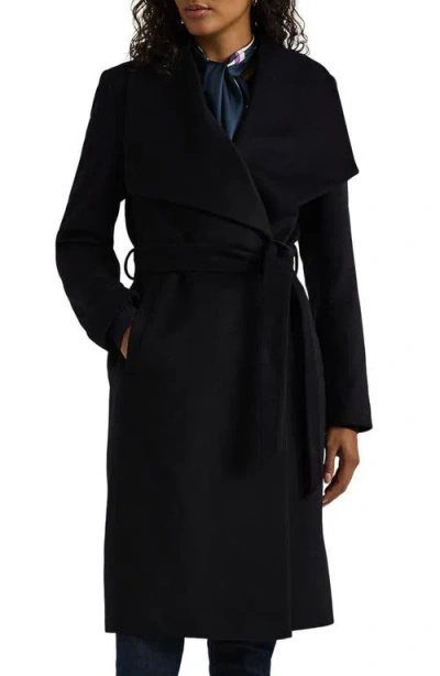 Ralph Lauren Lauren  Longline Wool Blend Wrap Coat In Regal Navy Blue