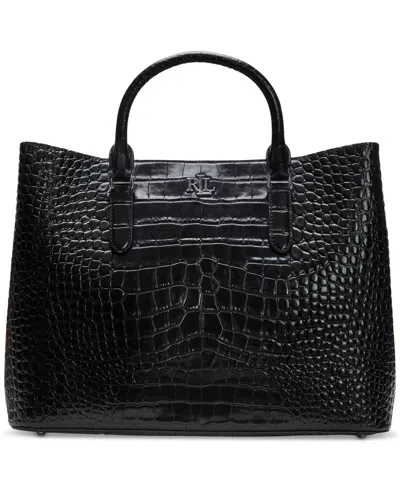 Ralph Lauren Marcy Large Embossed Leather Satchel In Black W,silver