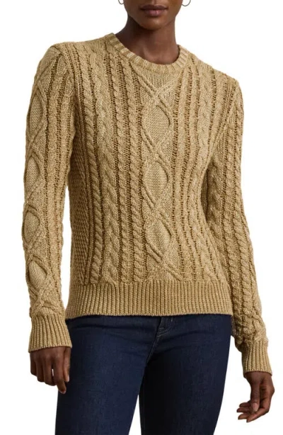 Ralph Lauren Lauren  Metallic Cotton Blend Cable Stitch Crewneck Sweater In Relic Gold