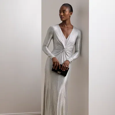 Ralph Lauren Metallic Knit Twist-front Gown In Pewter,silver | ModeSens