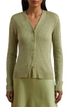 Ralph Lauren Metallic Linen-blend Rib-knit Cardigan In Light Olive