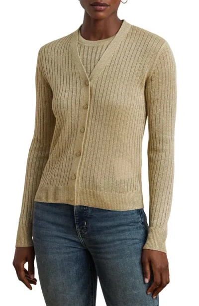 Ralph Lauren Lauren  Metallic Linen Blend Rib Cardigan In Mineral Gold