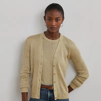 Ralph Lauren Metallic Linen-blend Rib-knit Cardigan In Mineral Gold