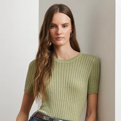 Ralph Lauren Metallic Rib-knit Short-sleeve Sweater In Light Olive