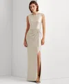 Ralph Lauren Metallic Sleeveless Side-slit Gown In Champagne,silver