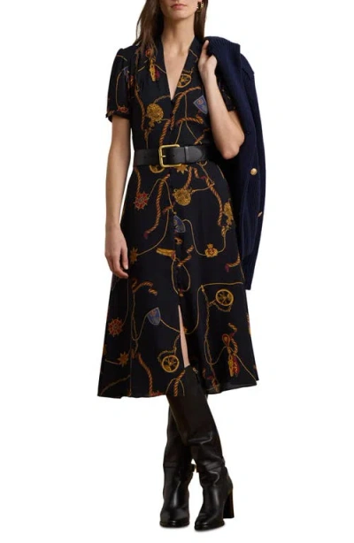 Ralph Lauren Lauren  Nautical Print Belted Georgette Shirtdress In Navy Multi