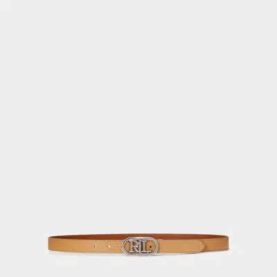 Ralph Lauren Oval-logo Reversible Leather Skinny Belt In Buff/lauren Tan