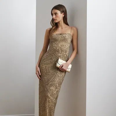 Ralph Lauren Palm-frond-motif Beaded Mesh Gown In Medium Grey Multi