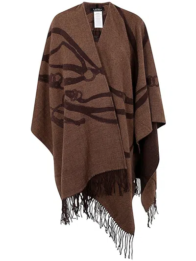 Lauren Ralph Lauren Pattern Jacquard Fringed Edge Poncho In Brown