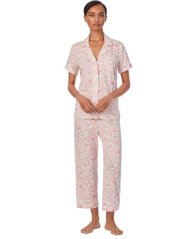 Ralph Lauren Petite 2-pc. Short-sleeve Notch-collar Cropped-pant Pajama Set In Multi Floral
