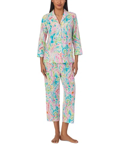 Lauren Ralph Lauren Petite 3/4-sleeve Cropped Pant Pajama Set In Mutli Paisley