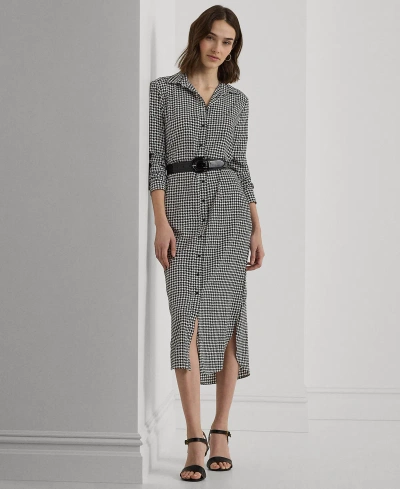 Lauren Ralph Lauren Petite Belted Houndstooth Shirtdress In Cream/black