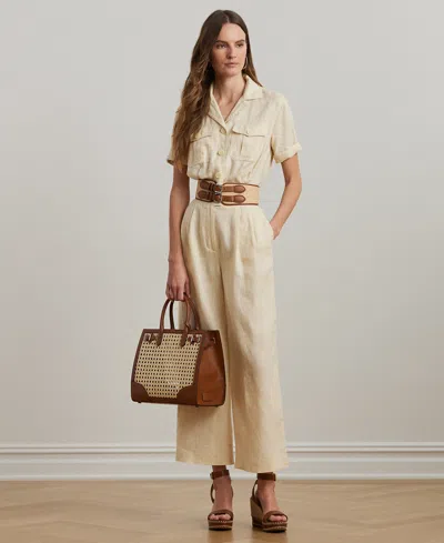 Ralph Lauren Petite Embroidered Linen Short-sleeve Jumpsuit In Ivory Beige