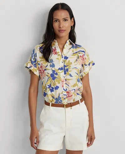 Lauren Ralph Lauren Petite Linen Floral Short-sleeve Shirt In Cream,blue Multi