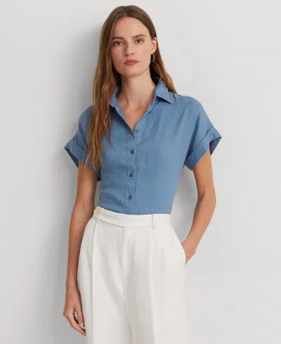 Lauren Ralph Lauren Petite Linen Short-sleeve Shirt In Pale Azure