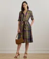 Ralph Lauren Plaid Tie-front Linen Shirtdress In Purple,green Multi