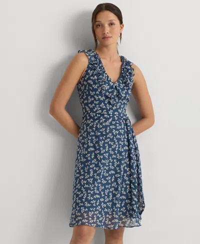 Lauren Ralph Lauren Petite Ruffled Floral Fit & Flare Dress In Blue