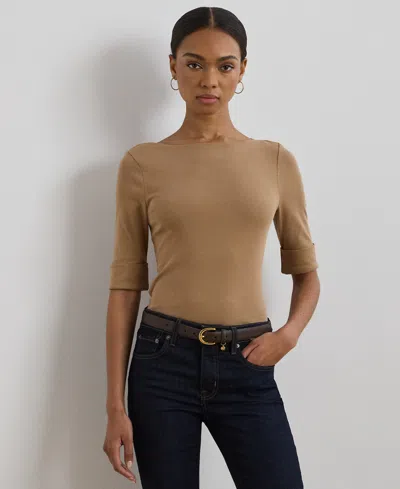 Ralph Lauren Petite Stretch Cotton Boatneck Tee In Birch Tan