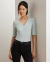 Ralph Lauren Petite Stretch Cotton Elbow-sleeve V-neck Tee In Aqua Pearl