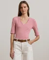Ralph Lauren Petite Stretch Cotton Elbow-sleeve V-neck Tee In Rose Mauve