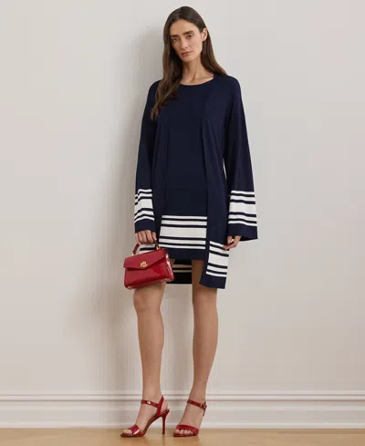 Ralph Lauren Two-tone Cap-sleeve Shift Sweater Dress In Refined Navy,white