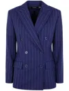 Ralph Lauren Lauren  Pinstripe Double Breasted Wool Blend Blazer In Blue