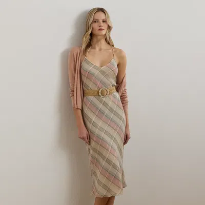 Ralph Lauren Plaid Chiffon Slip Dress In Tan,pink Multi