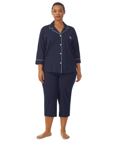Lauren Ralph Lauren Plus Size Button-front Top And Pants Pajama Set In Navy Dot