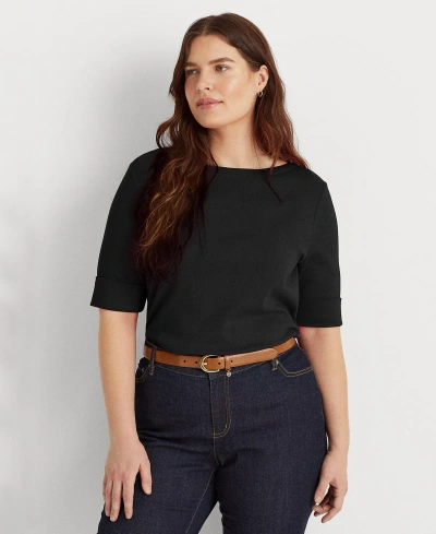 Lauren Ralph Lauren Plus Size Cotton-blend Boatneck Top In Polo Black
